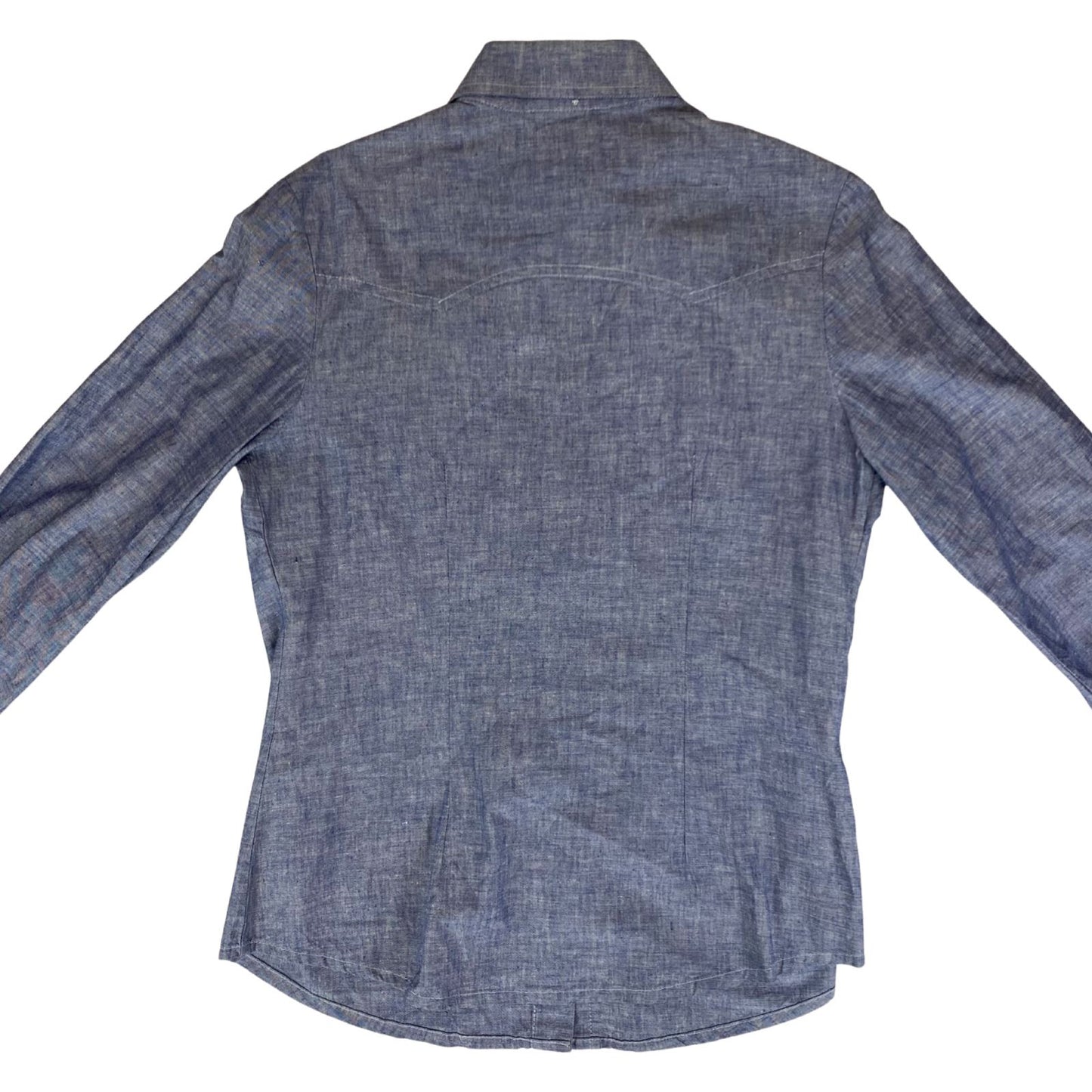 VTG 1970S BIG E MISS LEVIS BLACK/GOLD TAB DENIM CHAMBRAY WESTERN SHIRT 38” 12
