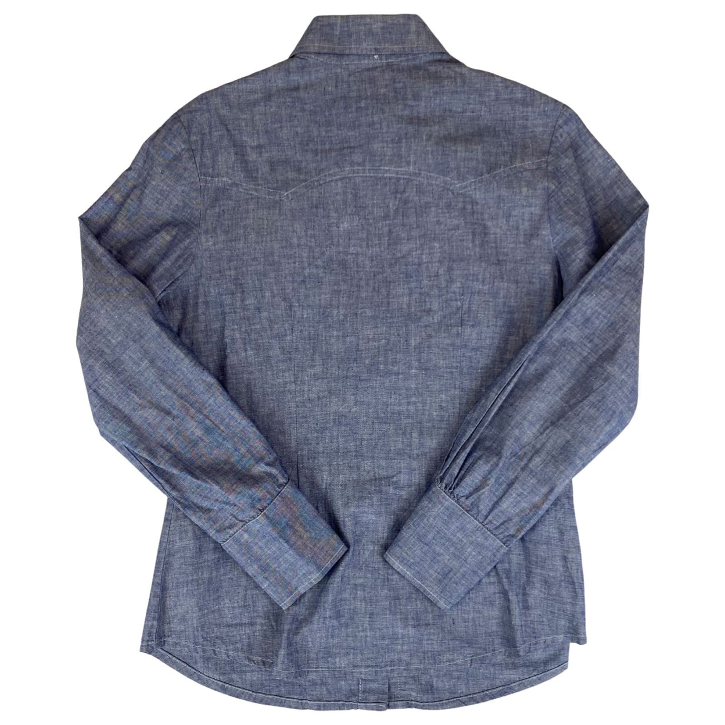 VTG 1970S BIG E MISS LEVIS BLACK/GOLD TAB DENIM CHAMBRAY WESTERN SHIRT 38” 12