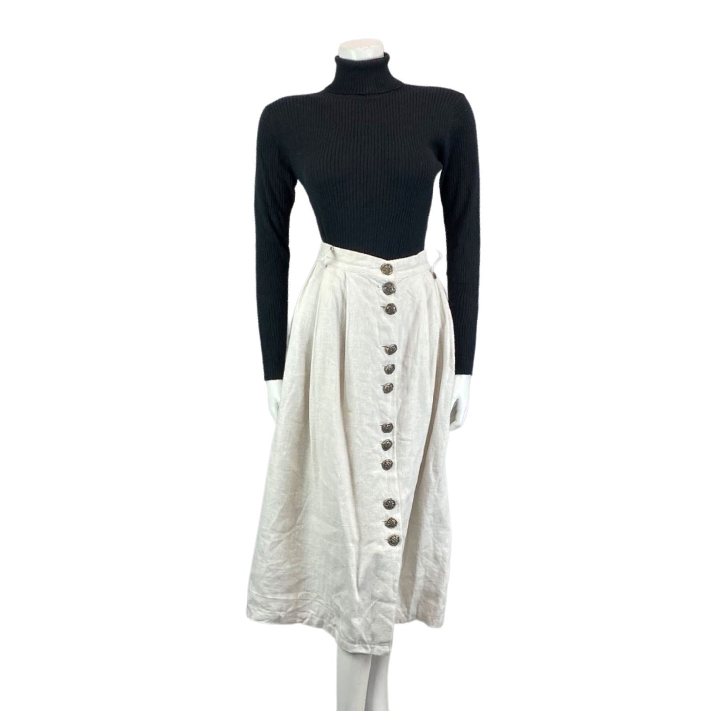 Vintage 90s Beige Blue Linen Floral German Boho Folk Circle Swing Skirt 16 L