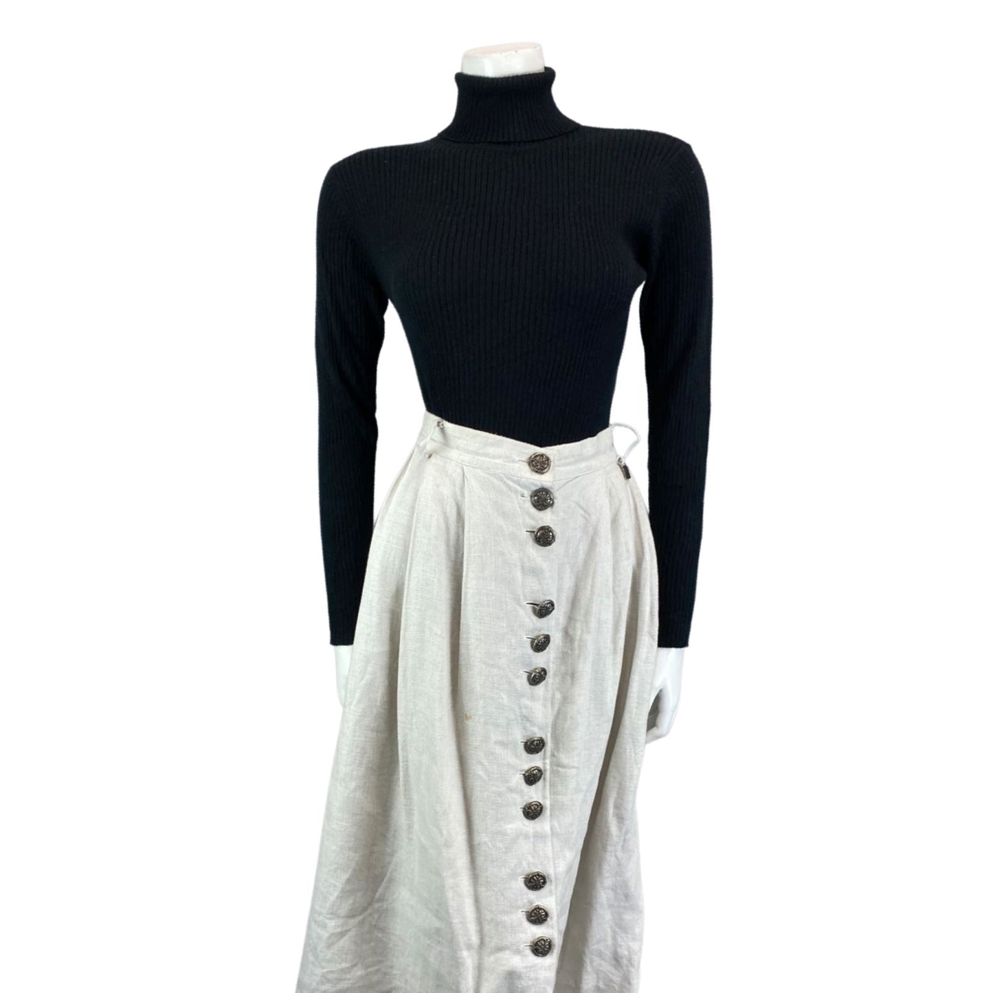 Vintage 90s Beige Blue Linen Floral German Boho Folk Circle Swing Skirt 16 L