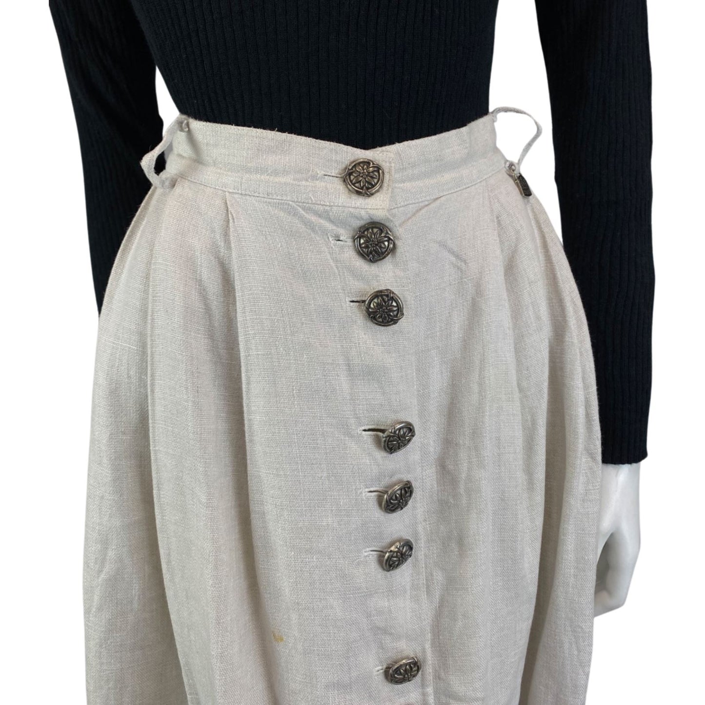 Vintage 90s Beige Blue Linen Floral German Boho Folk Circle Swing Skirt 16 L