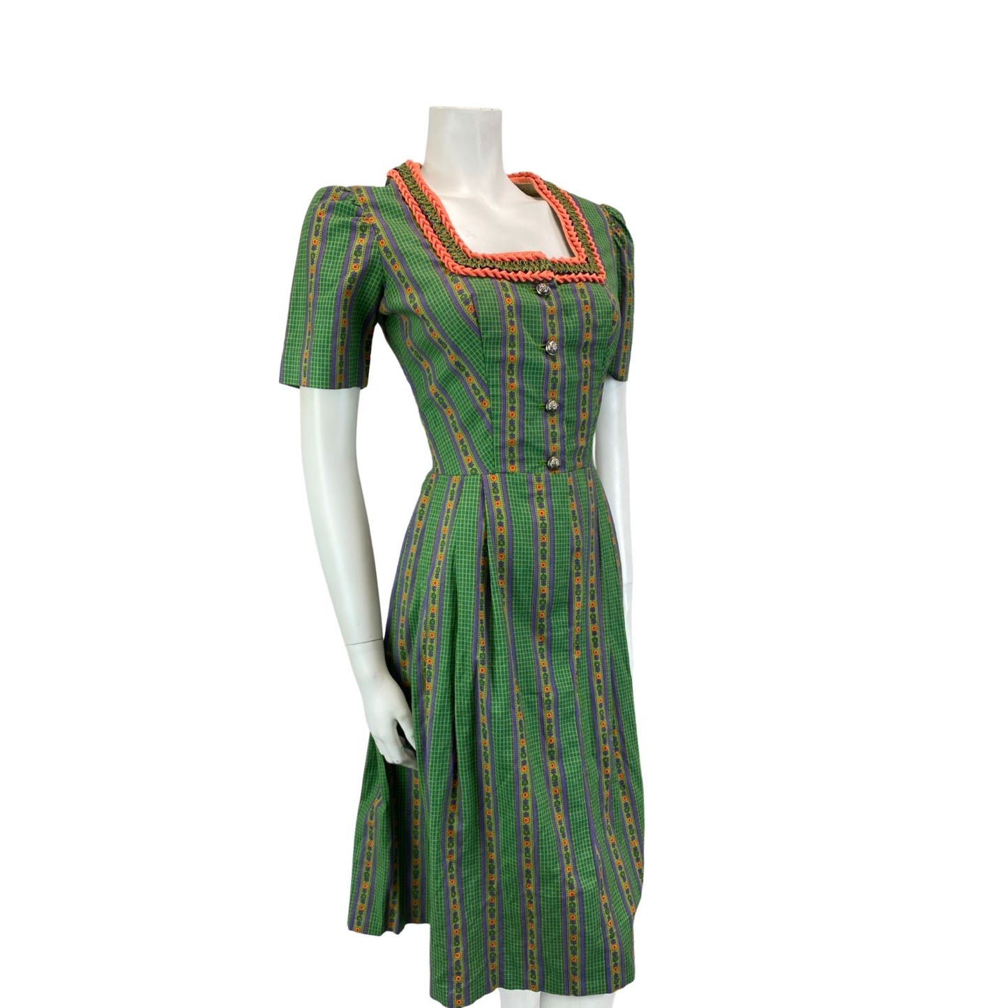 Vintage 80s Green Pink Floral Checked Square Neck Prairie Midi Dress 8 10 S