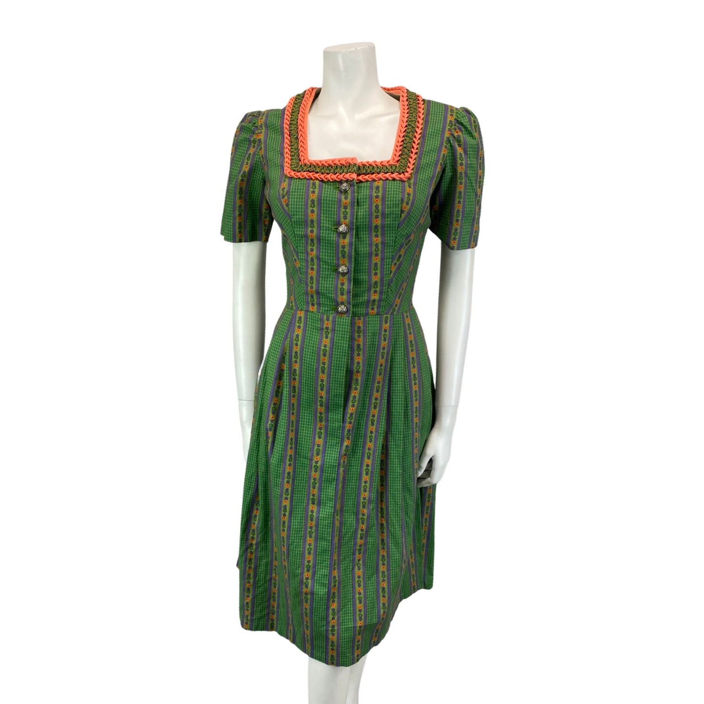 Vintage 80s Green Pink Floral Checked Square Neck Prairie Midi Dress 8 10 S