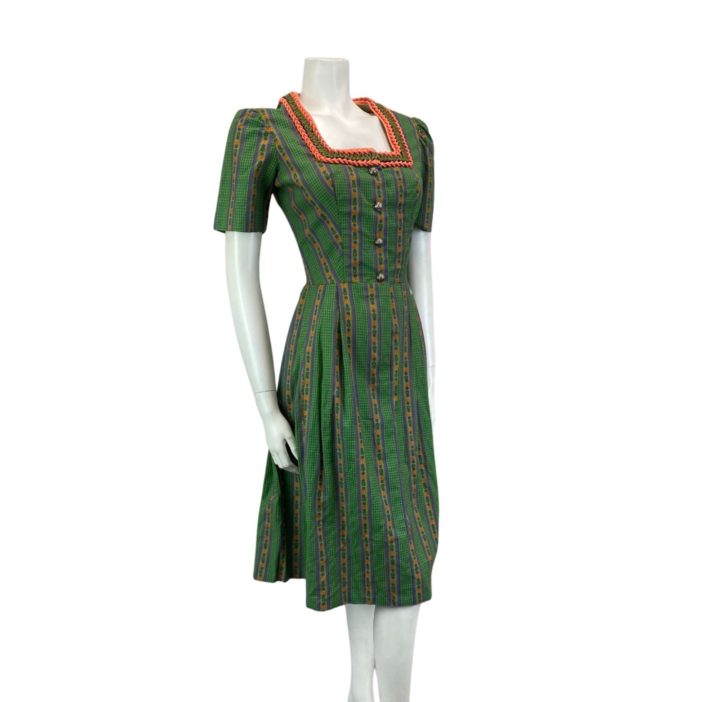 Vintage 80s Green Pink Floral Checked Square Neck Prairie Midi Dress 8 10 S