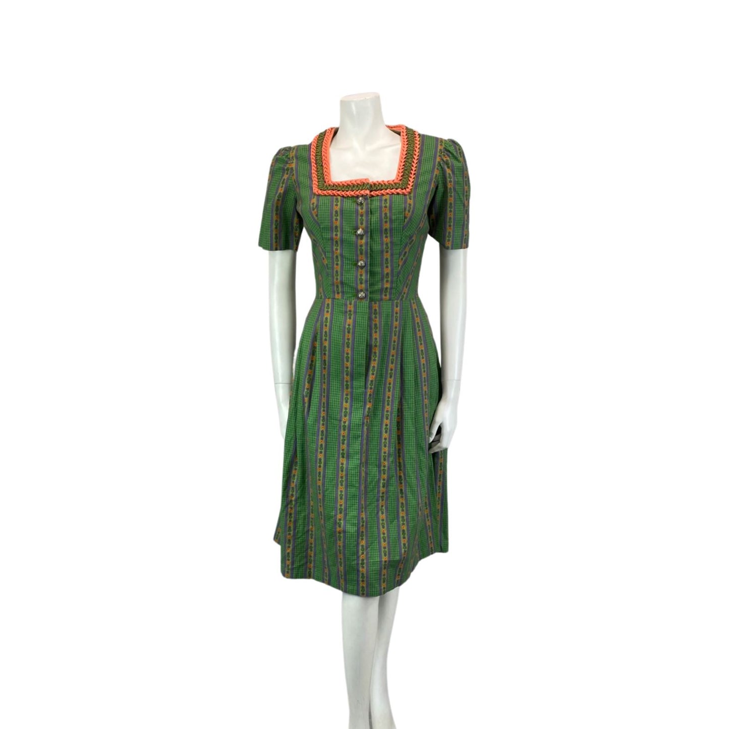 Vintage 80s Green Pink Floral Checked Square Neck Prairie Midi Dress 8 10 S