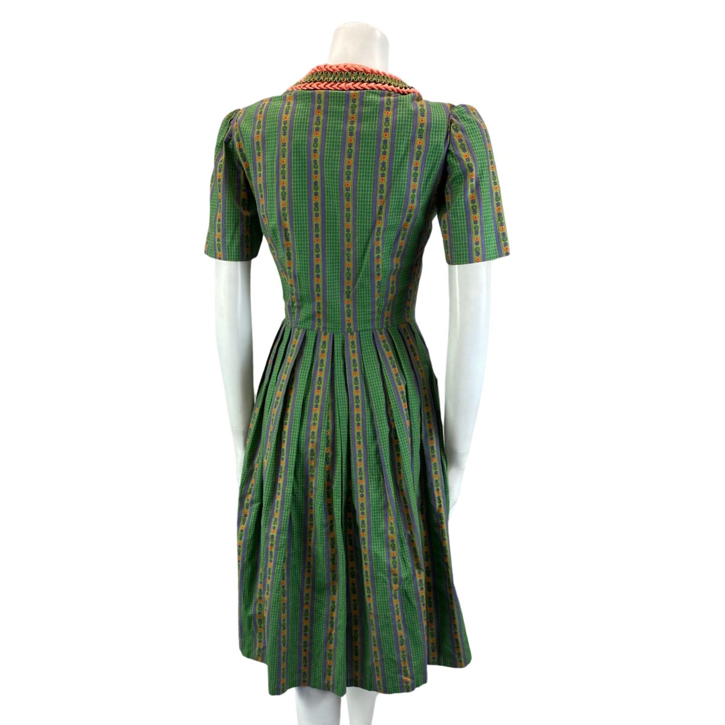 Vintage 80s Green Pink Floral Checked Square Neck Prairie Midi Dress 8 10 S