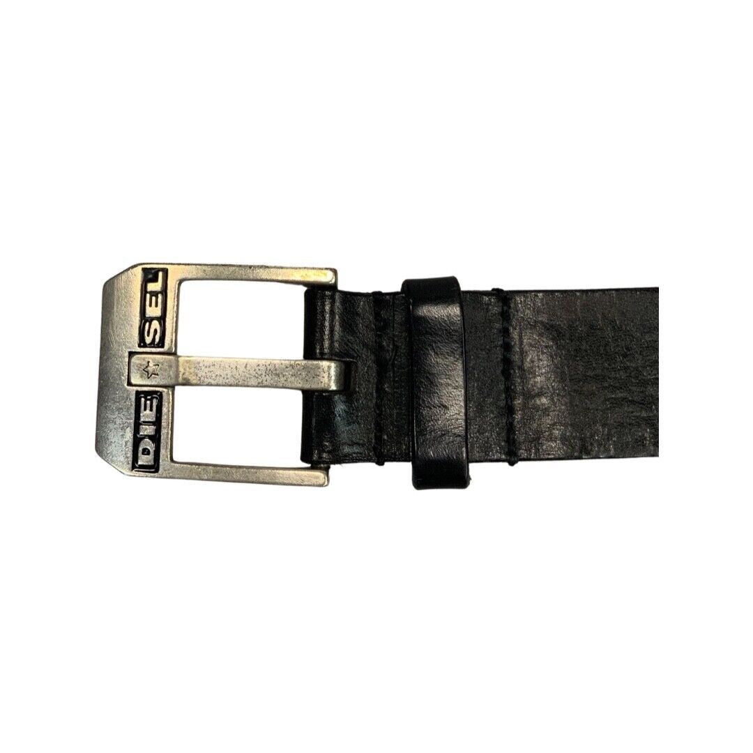 Vintage 90s 00s Black Leather Diesel Star Engraved Buckle Chunky Belt L