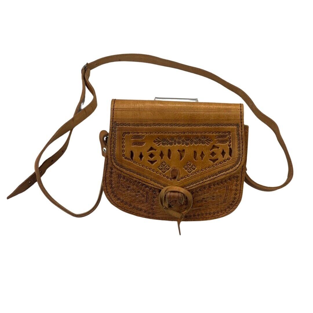 VINTAGE 60s 70s BROWN TOOLED LEATHER BOHO FLORAL VINE LEAFY MINI SHOULDER BAG