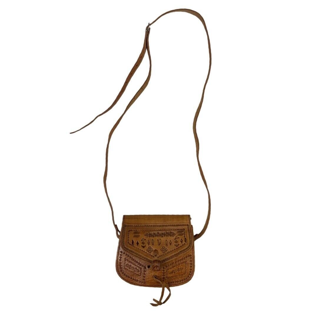 VINTAGE 60s 70s BROWN TOOLED LEATHER BOHO FLORAL VINE LEAFY MINI SHOULDER BAG