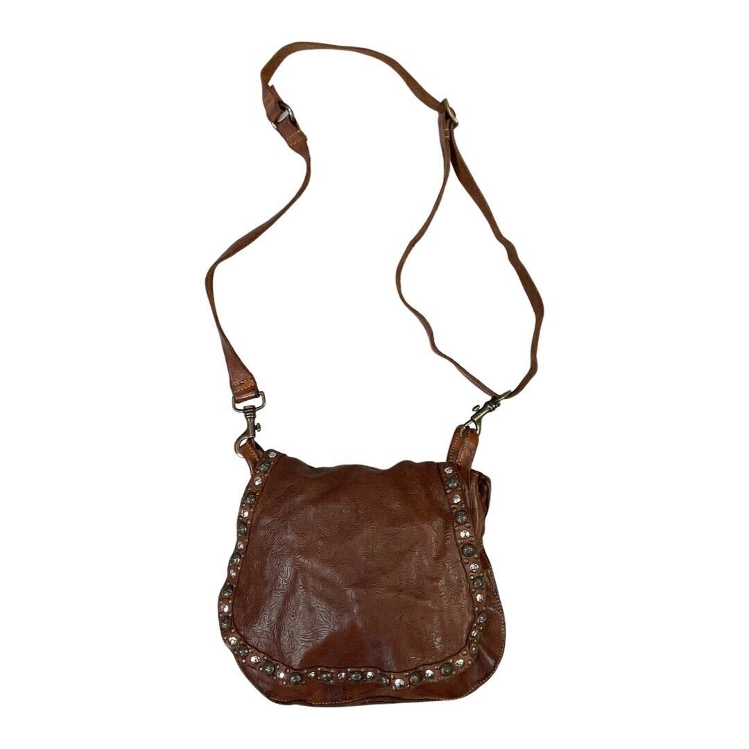 Vintage 80s Brown Campomaggi Embossed Embellished Cross Body Satchel Bag