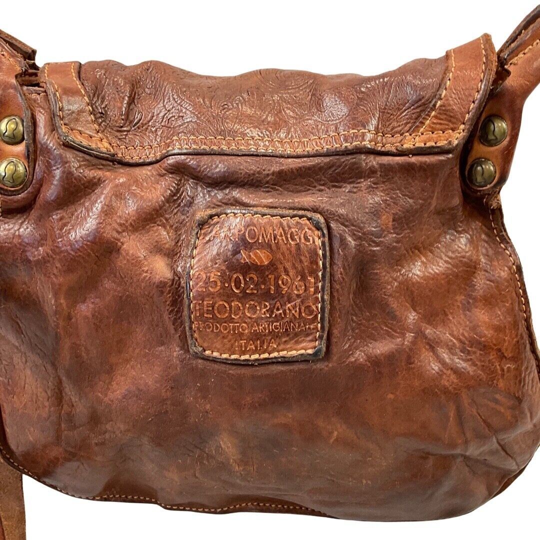 Vintage 80s Brown Campomaggi Embossed Embellished Cross Body Satchel Bag
