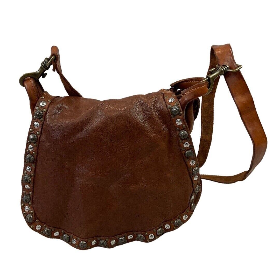 Vintage 80s Brown Campomaggi Embossed Embellished Cross Body Satchel Bag