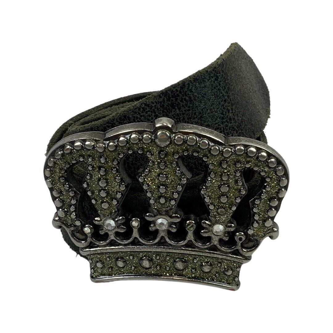 Vintage Y2K Black Soft Leather Crown Buckle Glazed Embellished Novelty Belt S/M