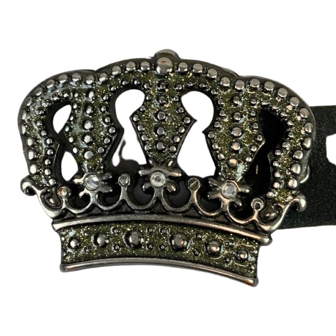 Vintage Y2K Black Soft Leather Crown Buckle Glazed Embellished Novelty Belt S/M