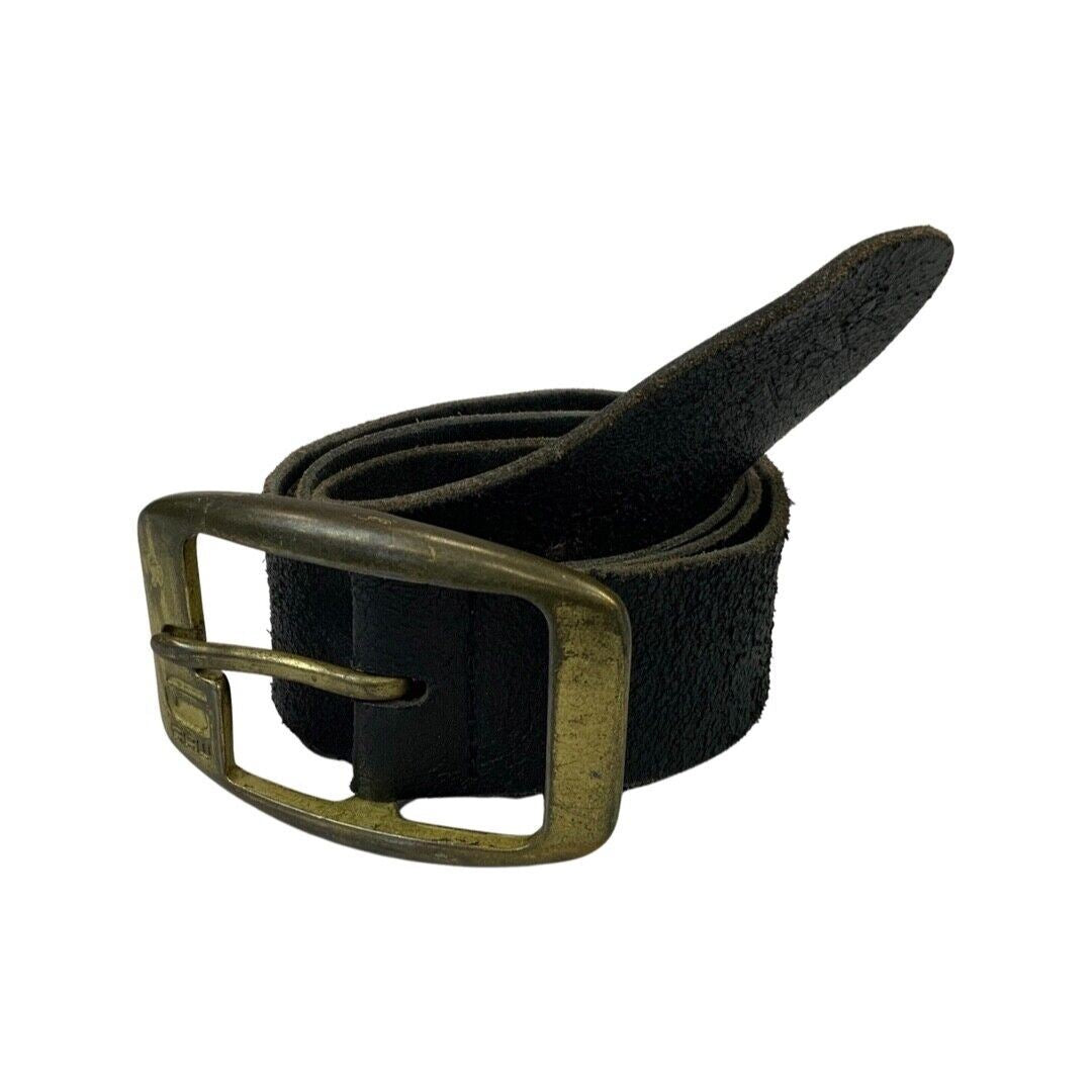Vintage 90s 00s Brown Leather G Star Raw Denim Engraved Brass Buckle Belt M/L