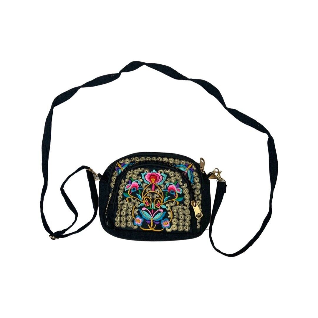 Vintage 90s 00s Black Floral Embroidered Cross Body Bag
