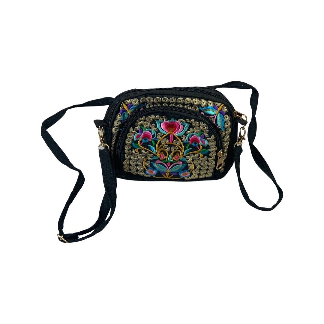 Vintage 90s 00s Black Floral Embroidered Cross Body Bag