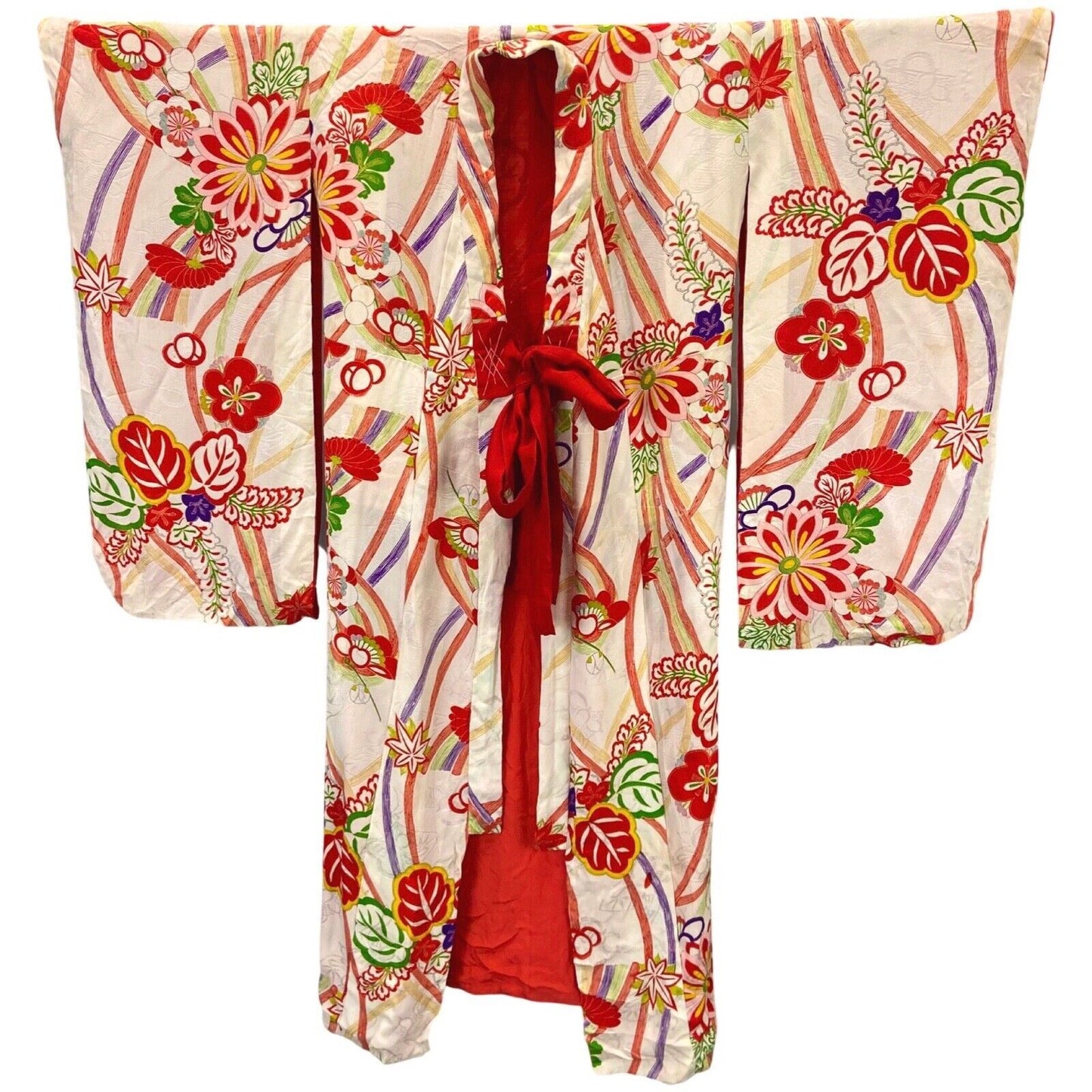Vintage 70s 80s Pink Red Silk Geometric Komon Showa Kimono 12 M