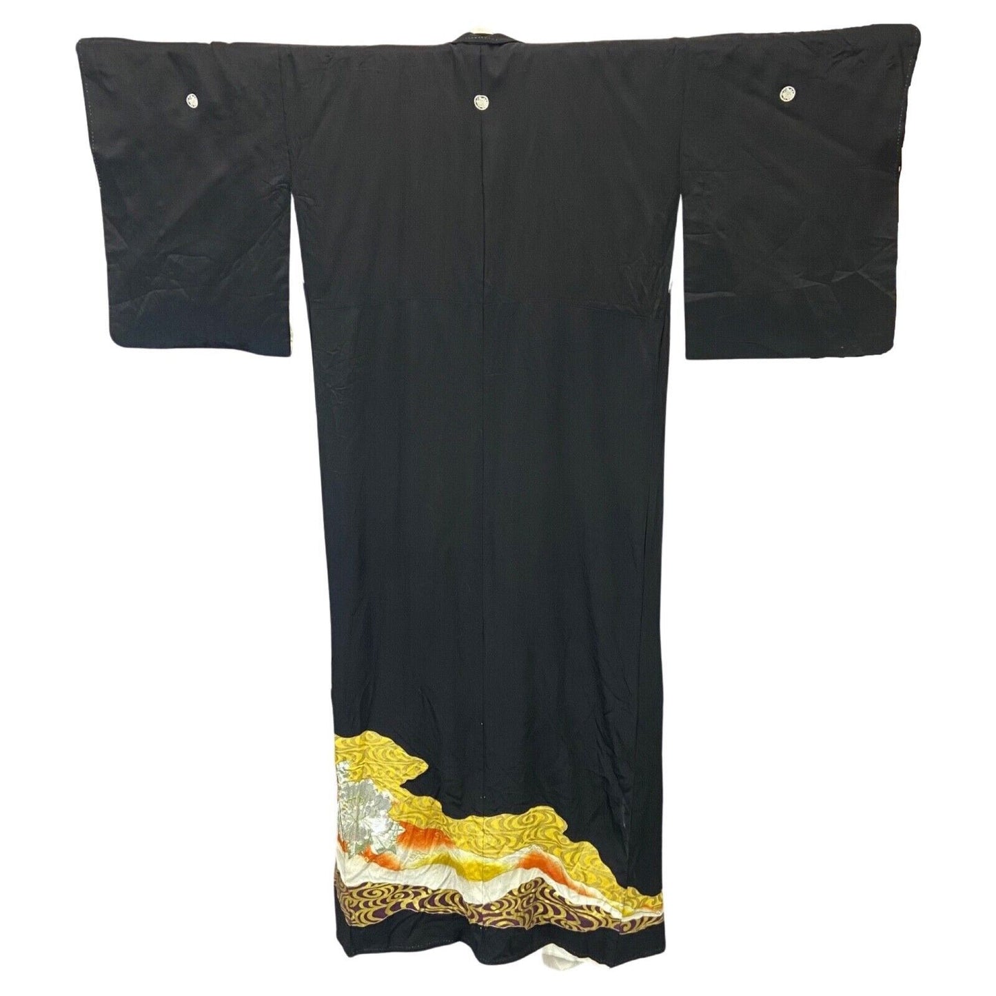 Vintage 70s 80s Black Gold Embroidered Embellished Silk Kimono