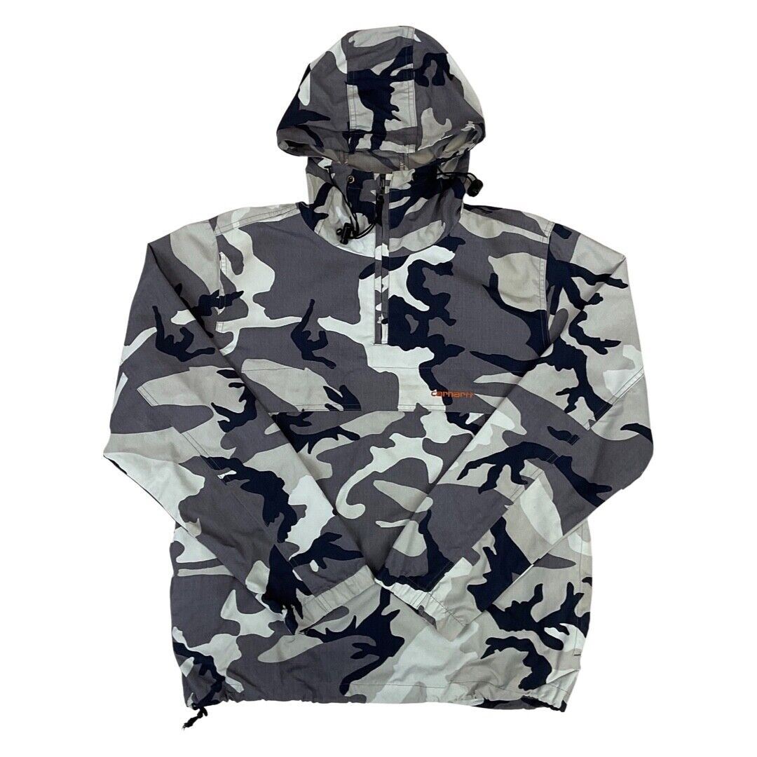 Carhartt Black & Grey Camouflage Print Pull-Over Hooded Windbreaker Medium