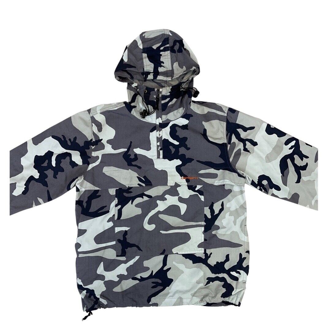 Carhartt Black & Grey Camouflage Print Pull-Over Hooded Windbreaker Medium