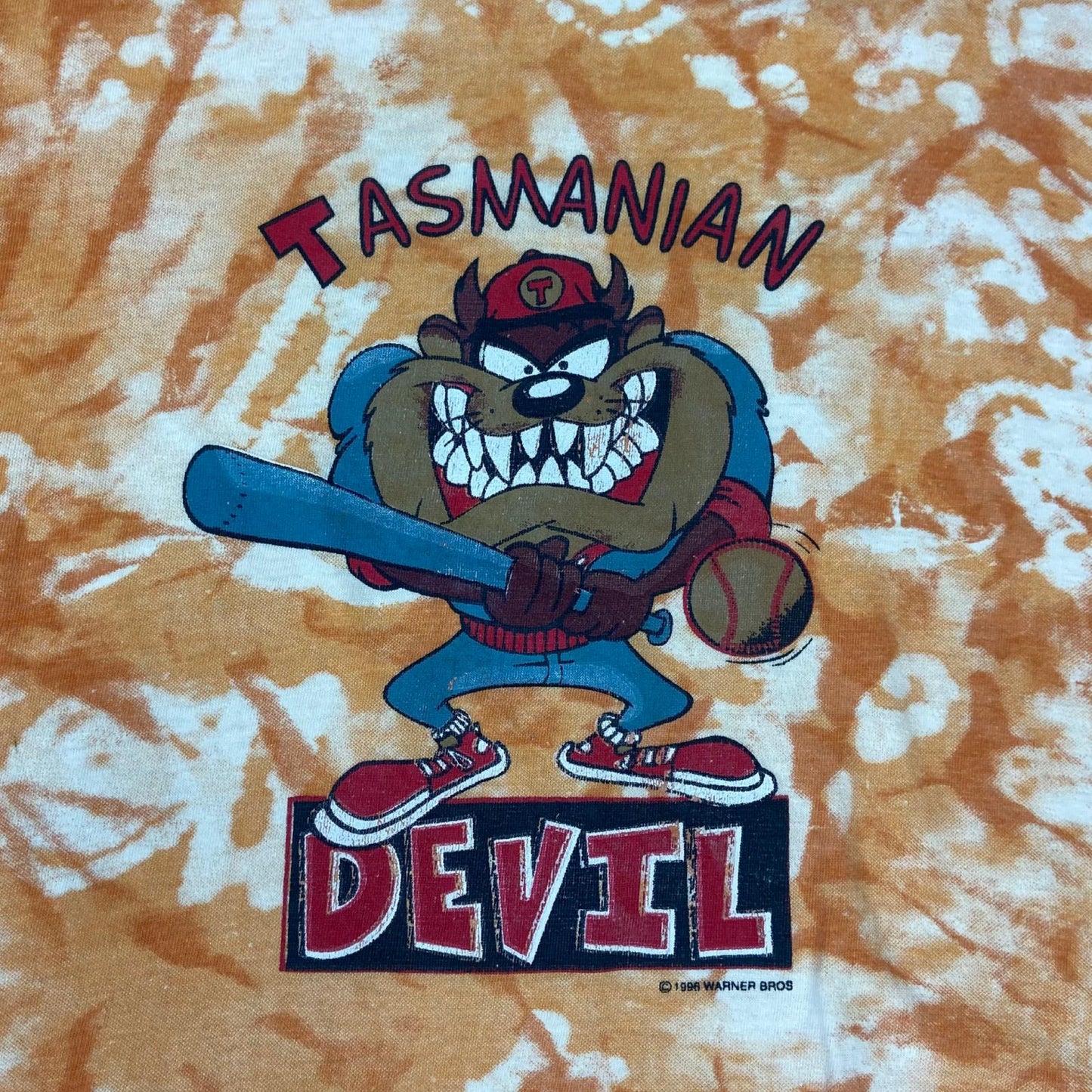 Vintage 1996 Orange Tie Dye Tasmanian Devil 'Baseball Battle' Graphic Tee Large