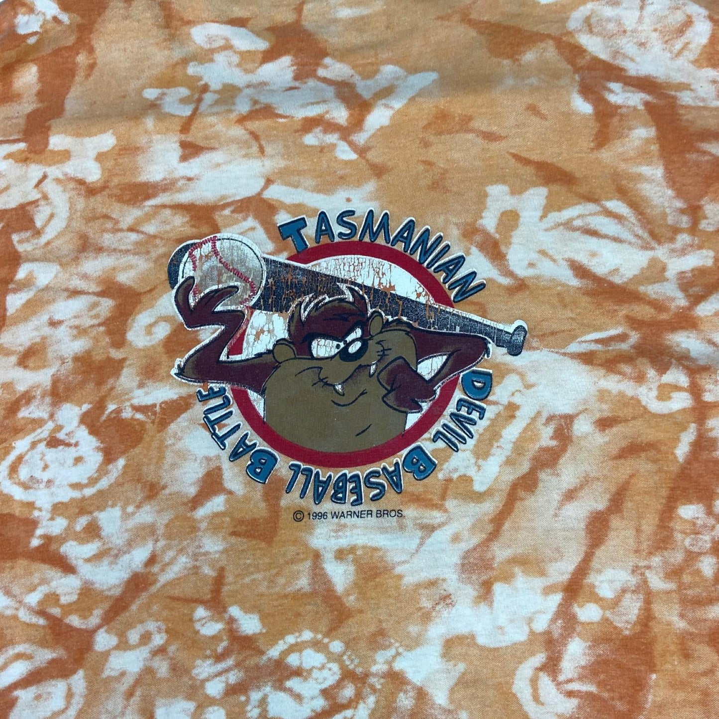Vintage 1996 Orange Tie Dye Tasmanian Devil 'Baseball Battle' Graphic Tee Large