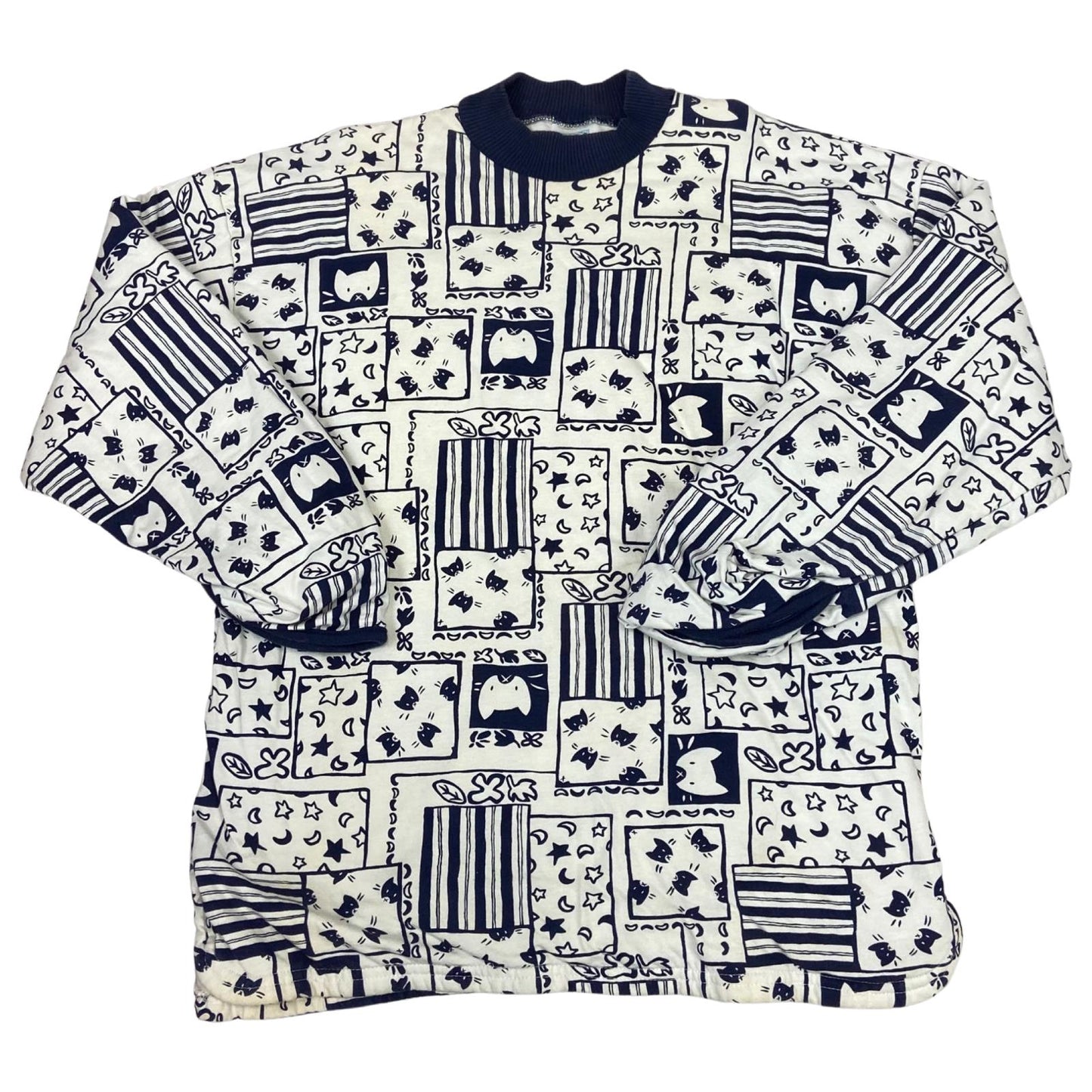 Vintage 80s 90s White Blue Etam Graphic Patterned Sweater Jumper Pullover L 16