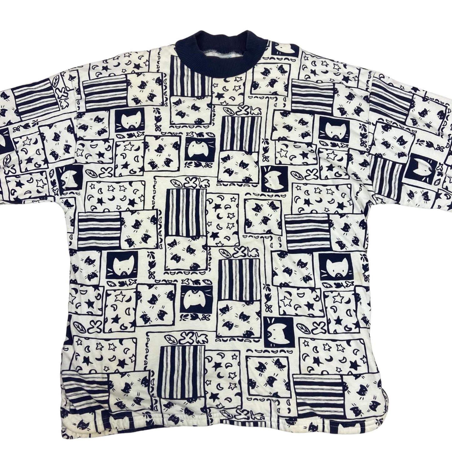 Vintage 80s 90s White Blue Etam Graphic Patterned Sweater Jumper Pullover L 16