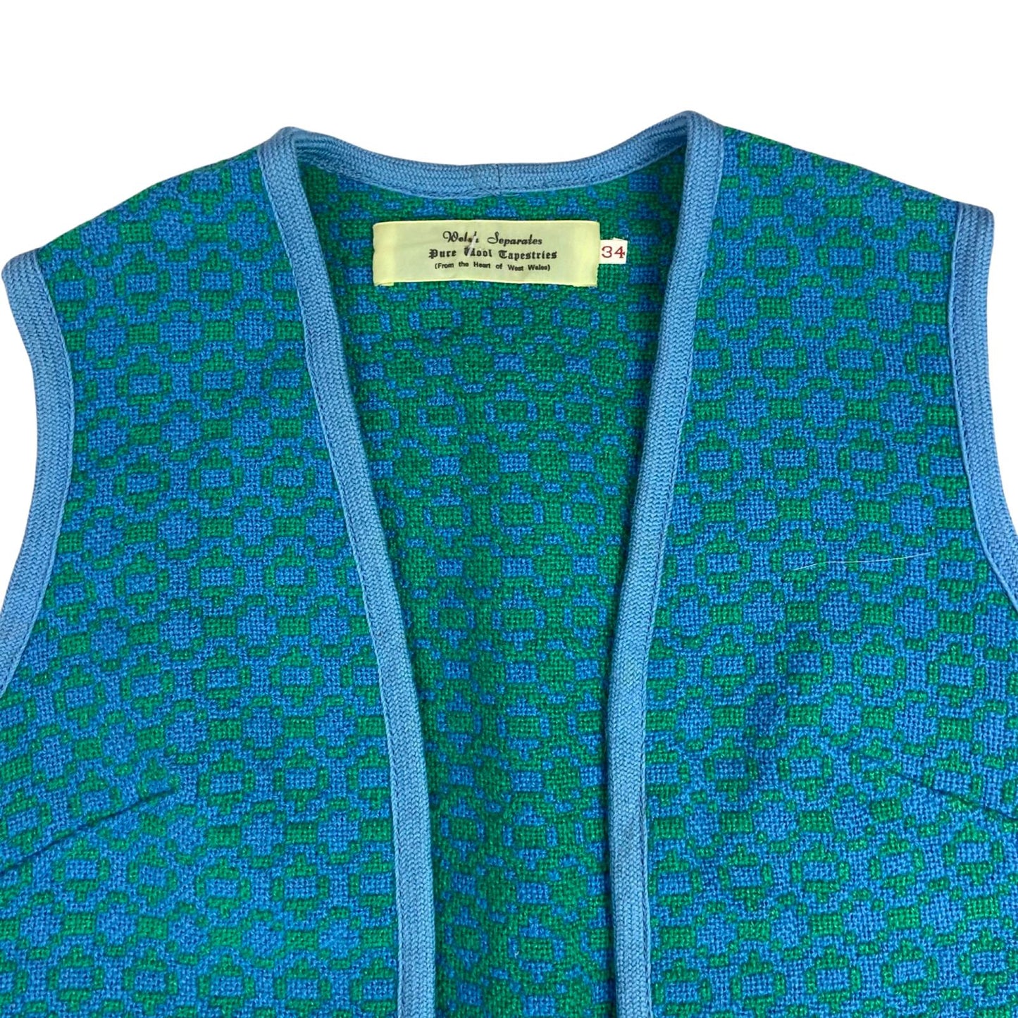 Vintage 60s 70s Blue Welsh Wool Waistcoat Geometric Patterned Tapestries M 12 14