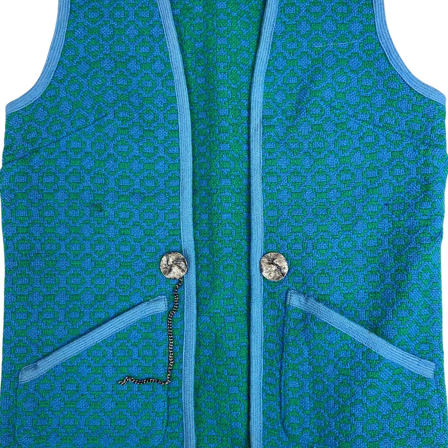 Vintage 60s 70s Blue Welsh Wool Waistcoat Geometric Patterned Tapestries M 12 14