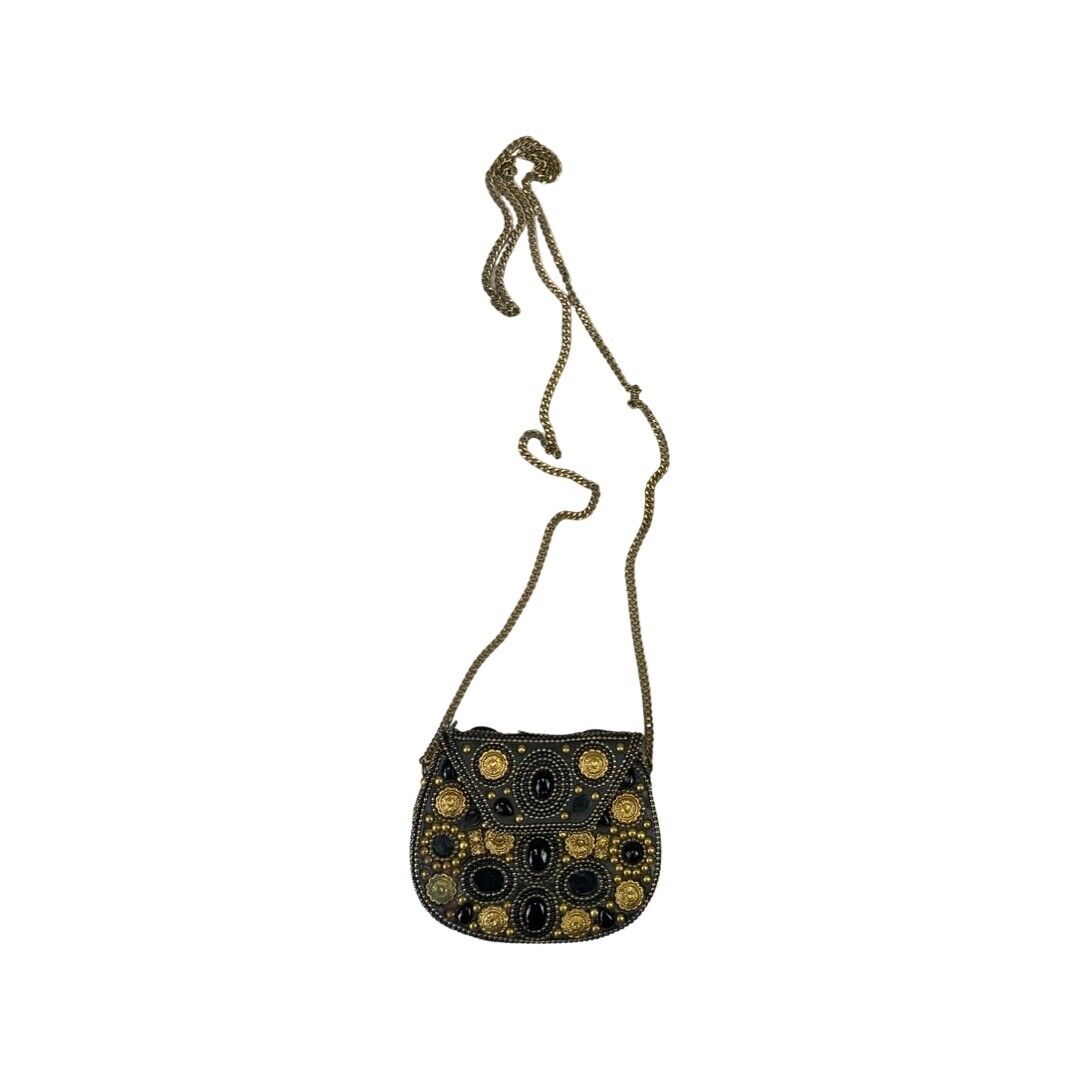 VINTAGE 80S 90S BLACK GOLD EMBELLISHED METAL HARD SHELL CROSS BODY MINI BAG