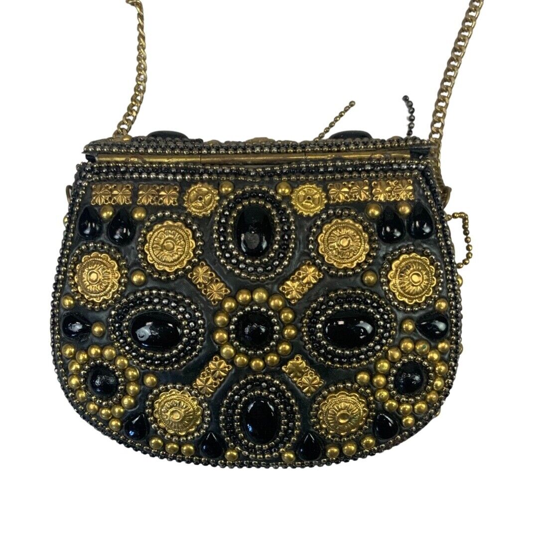 VINTAGE 80S 90S BLACK GOLD EMBELLISHED METAL HARD SHELL CROSS BODY MINI BAG