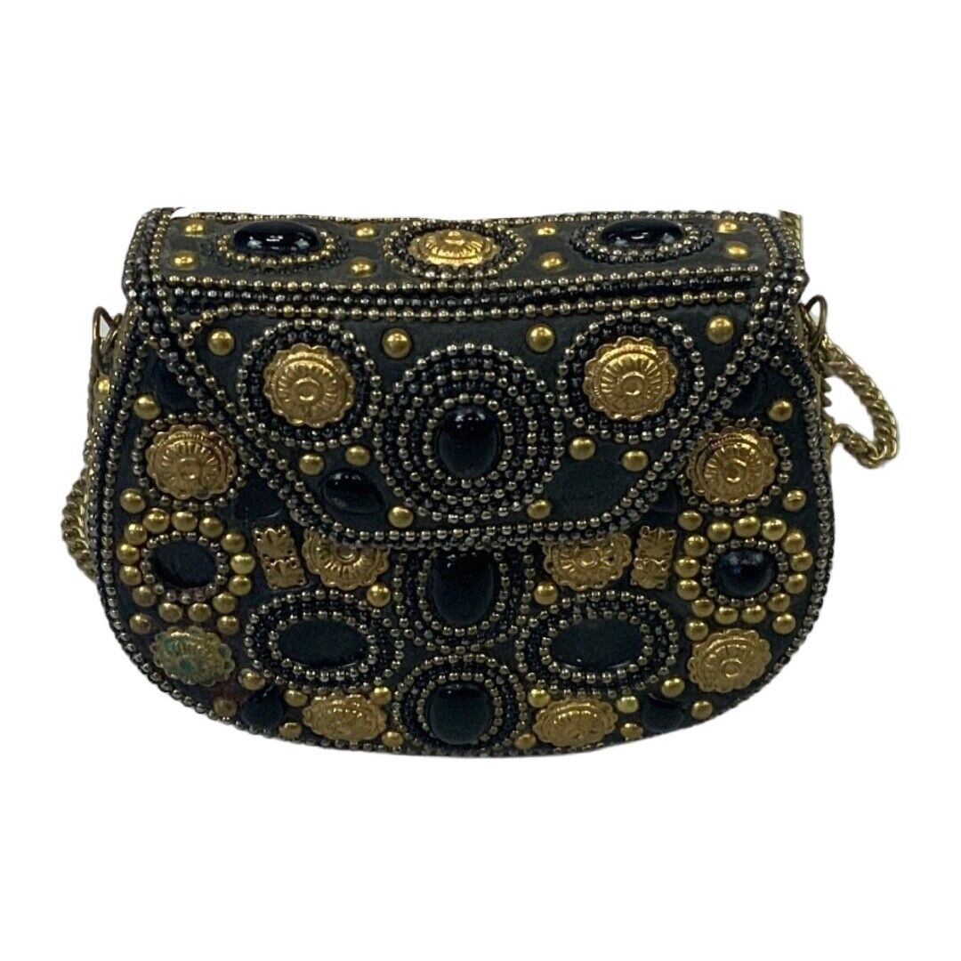 VINTAGE 80S 90S BLACK GOLD EMBELLISHED METAL HARD SHELL CROSS BODY MINI BAG
