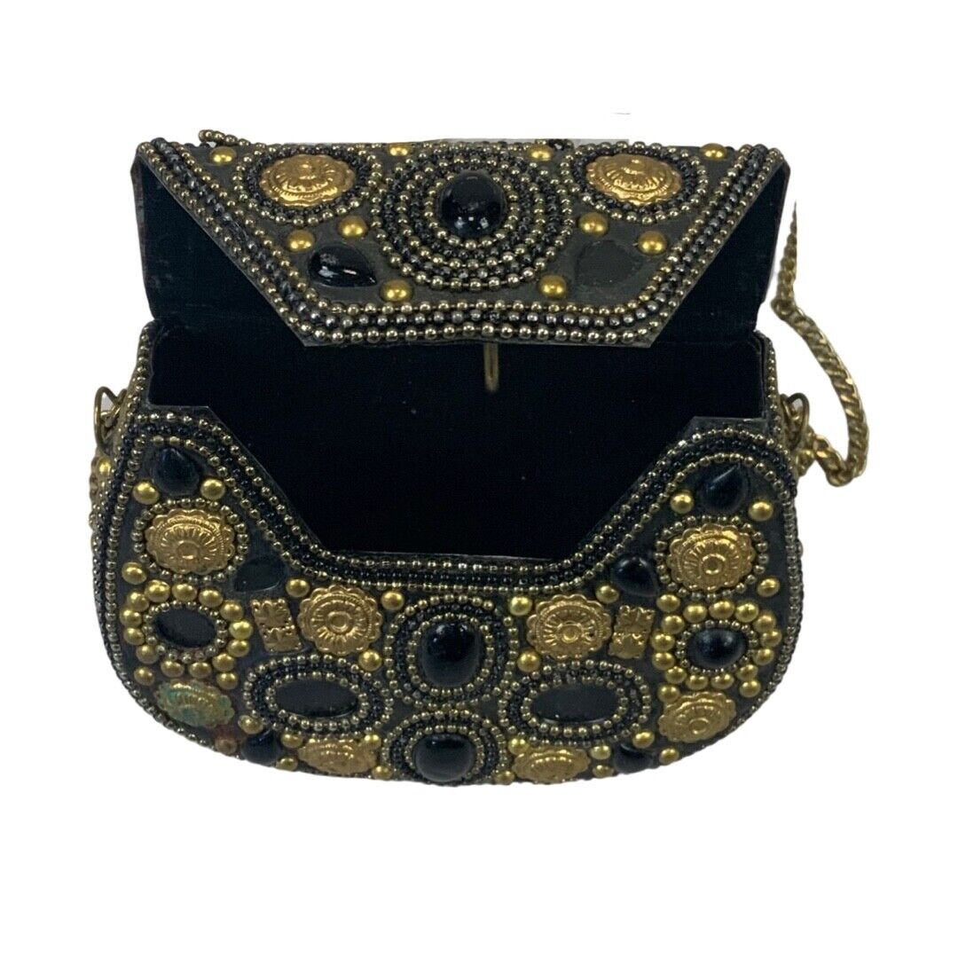 VINTAGE 80S 90S BLACK GOLD EMBELLISHED METAL HARD SHELL CROSS BODY MINI BAG