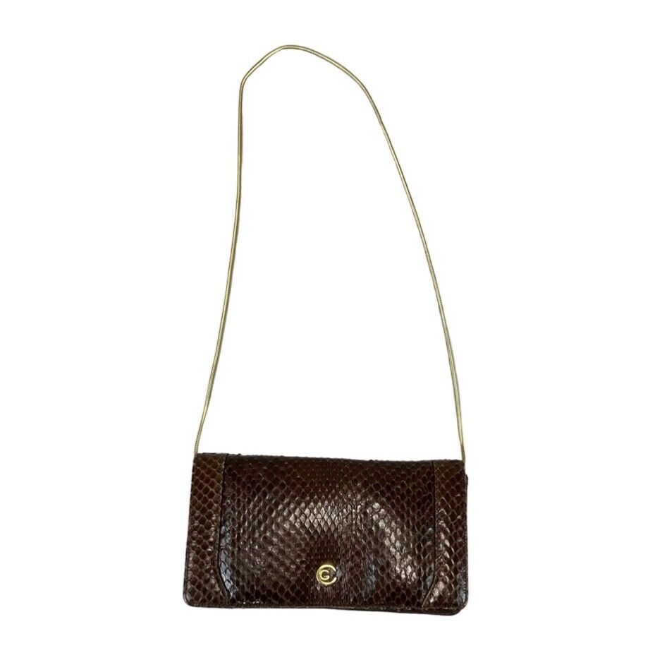 VINTAGE 70S 80S BROWN GOLD FAUX SNAKESKIN LEATHER SHOULDER HANDBAG