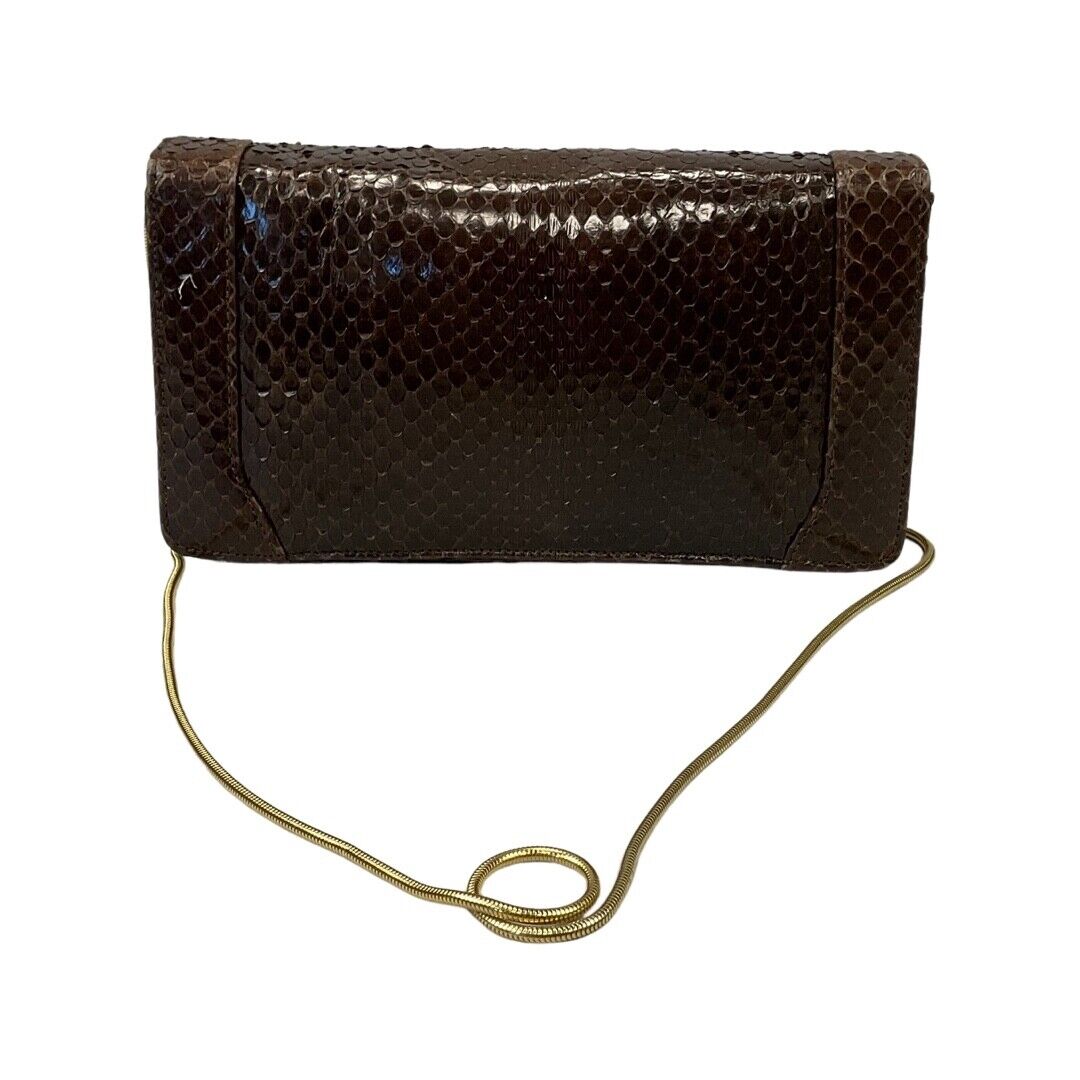 VINTAGE 70S 80S BROWN GOLD FAUX SNAKESKIN LEATHER SHOULDER HANDBAG