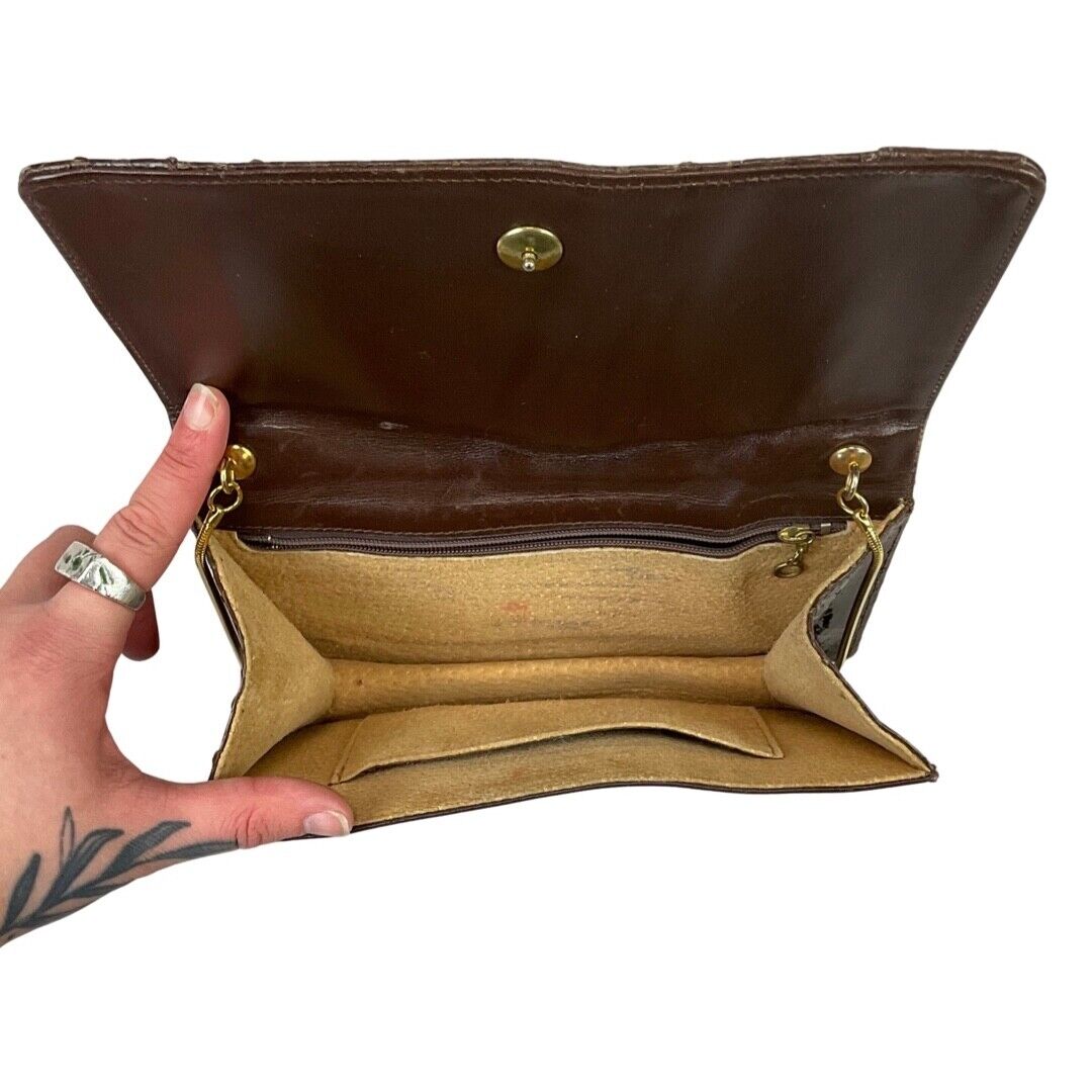 VINTAGE 70S 80S BROWN GOLD FAUX SNAKESKIN LEATHER SHOULDER HANDBAG
