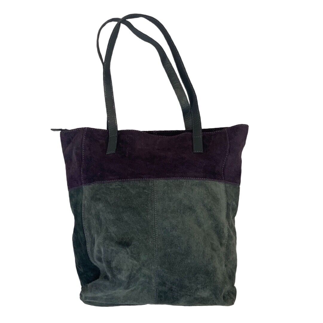 VINTAGE 90S 00S GREY PURPLE TWO TONE CONTRAST STITCH SUEDE TOTE BAG