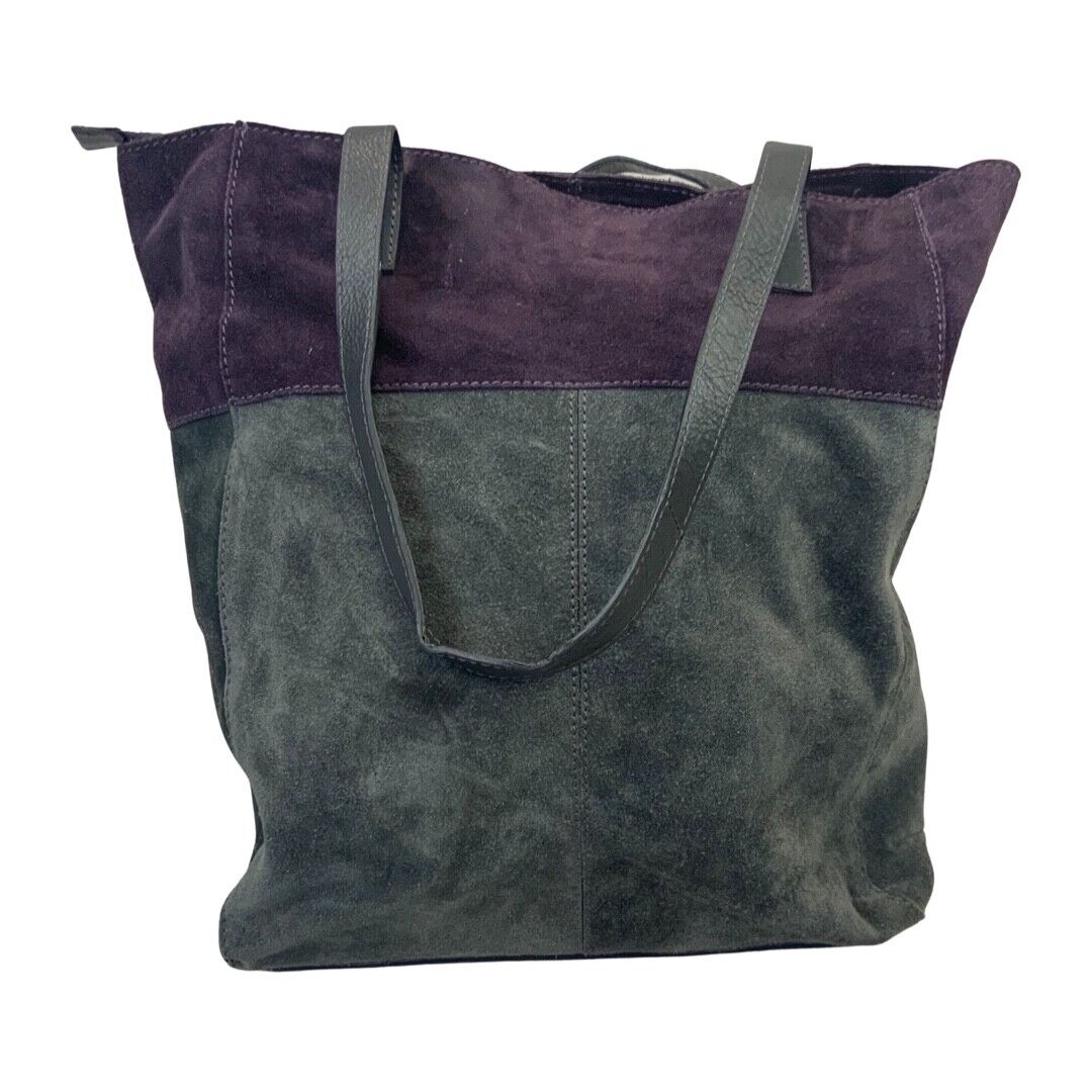 VINTAGE 90S 00S GREY PURPLE TWO TONE CONTRAST STITCH SUEDE TOTE BAG