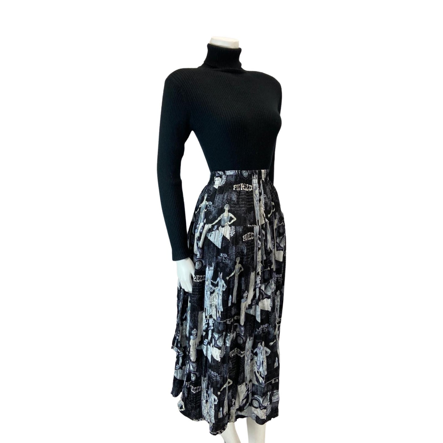 VINTAGE 80S BLACK GREY 20S FLAPPER GRAPHIC PRINT SWING MIDI SKIRT XS S