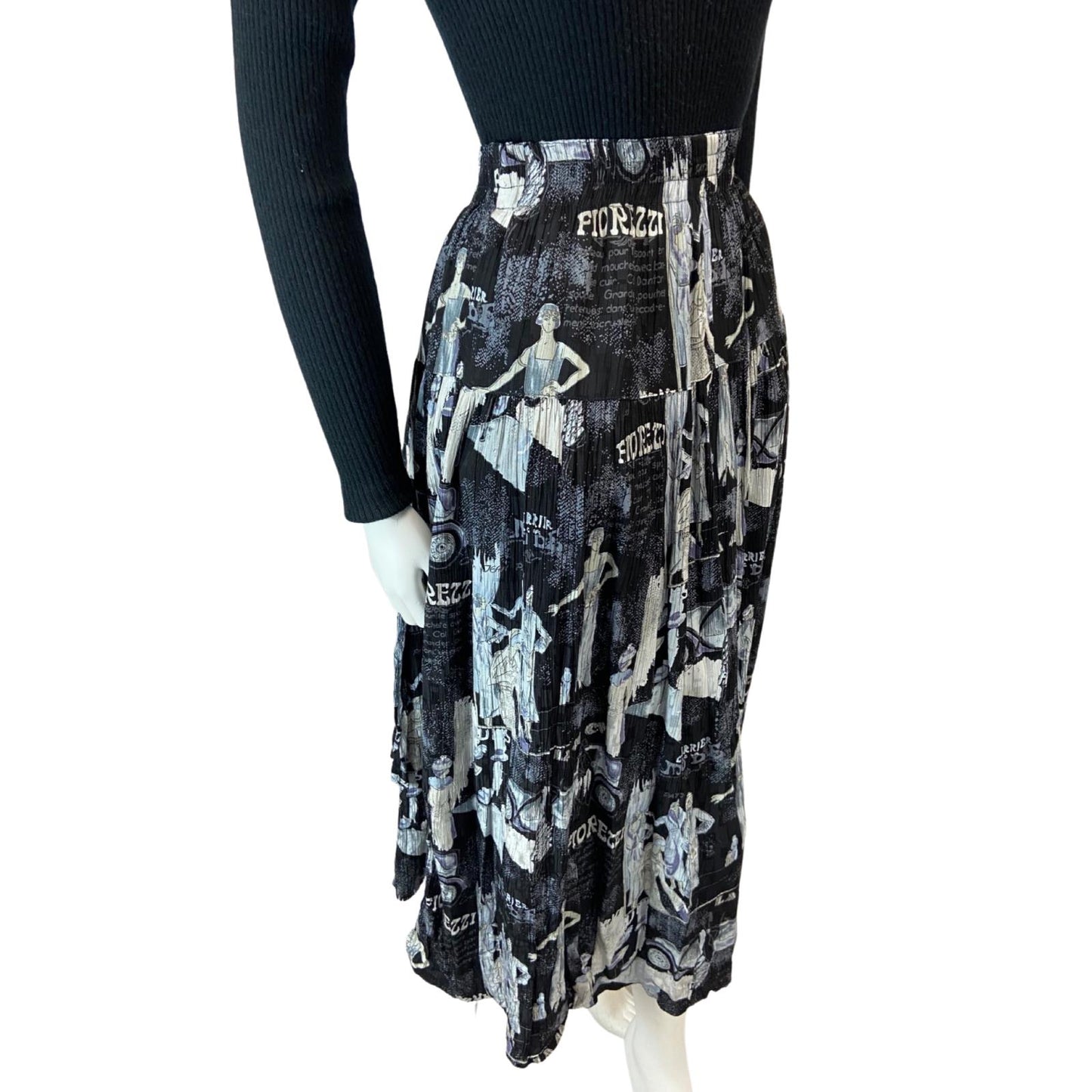 VINTAGE 80S BLACK GREY 20S FLAPPER GRAPHIC PRINT SWING MIDI SKIRT XS S