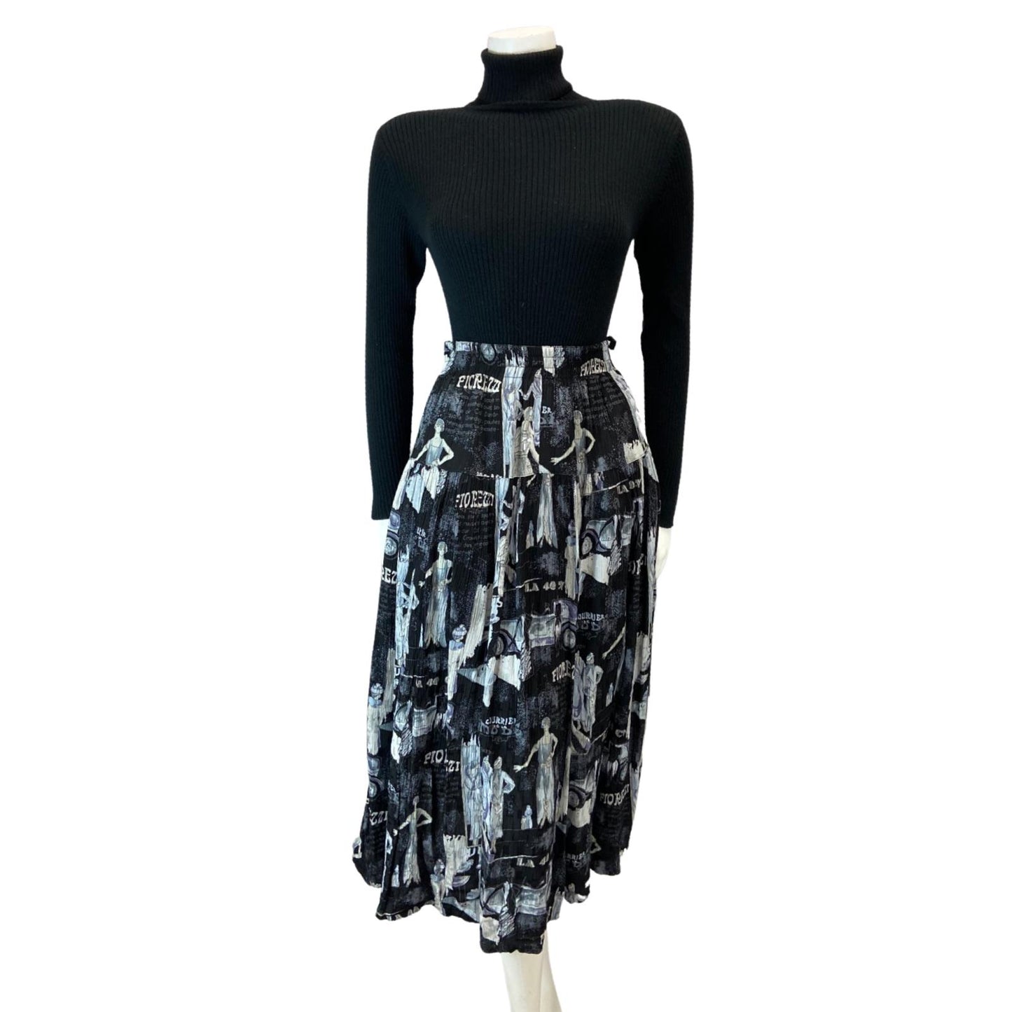 VINTAGE 80S BLACK GREY 20S FLAPPER GRAPHIC PRINT SWING MIDI SKIRT XS S