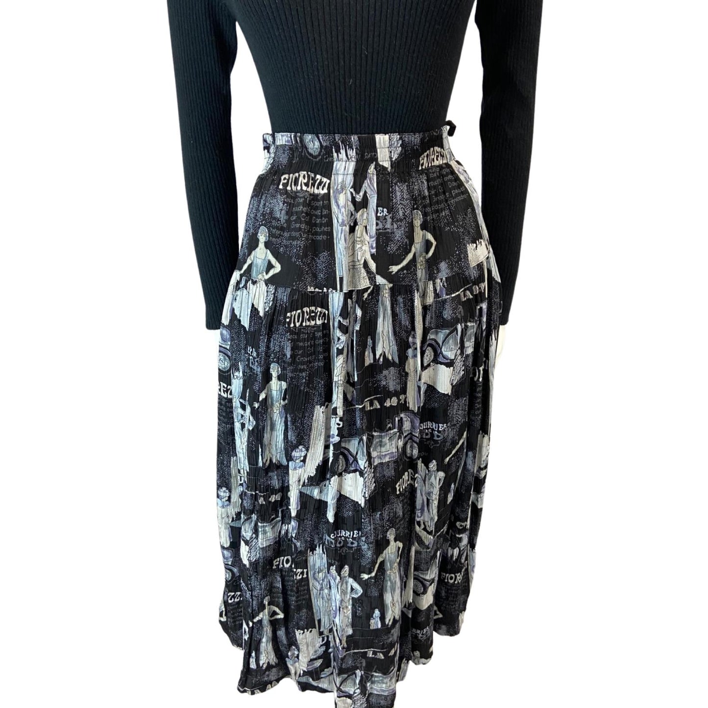 VINTAGE 80S BLACK GREY 20S FLAPPER GRAPHIC PRINT SWING MIDI SKIRT XS S