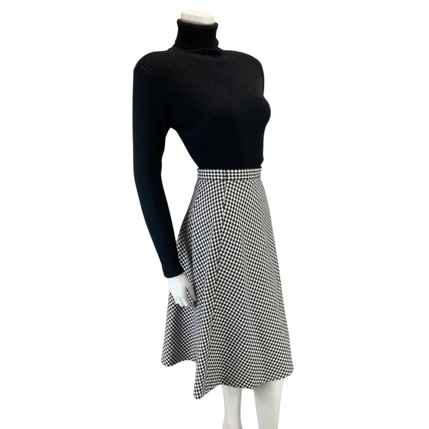 VINTAGE 70s BLACK WHITE DOG TOOTH SWING MIDI SKIRT 8 10 S