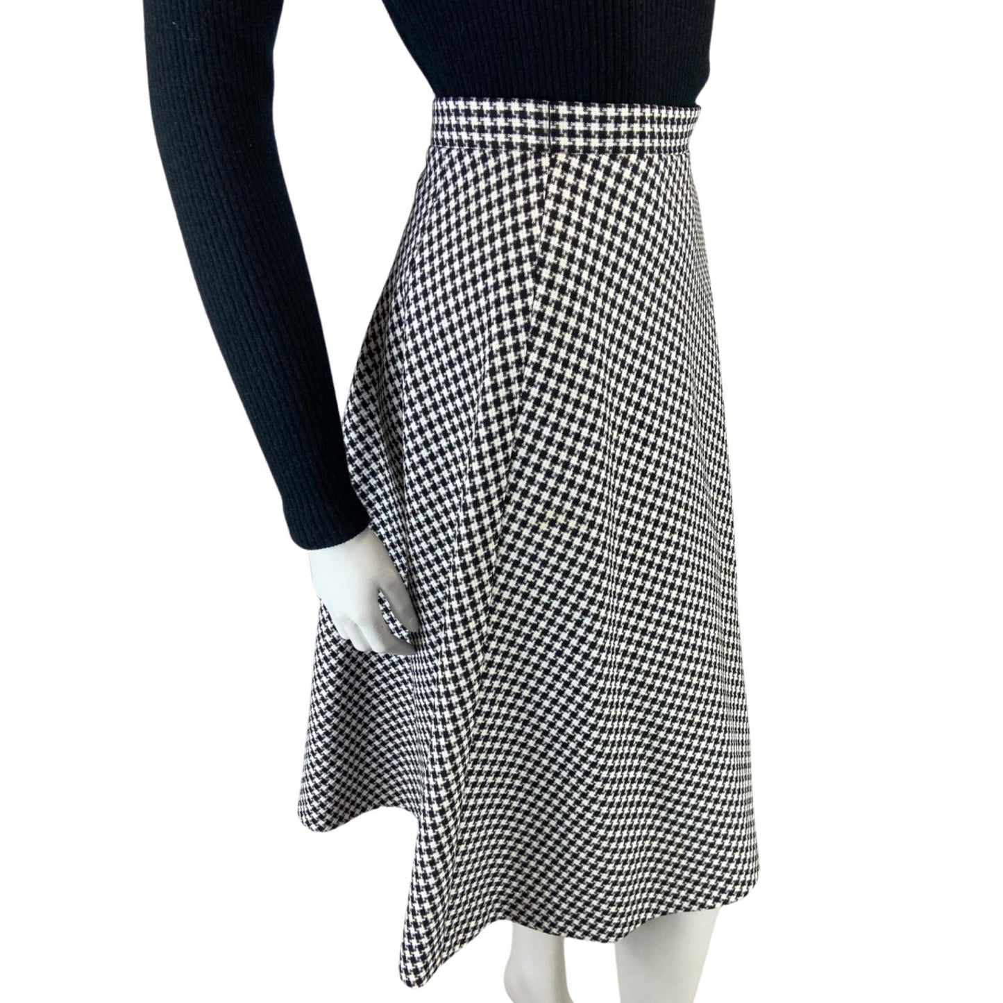 VINTAGE 70s BLACK WHITE DOG TOOTH SWING MIDI SKIRT 8 10 S