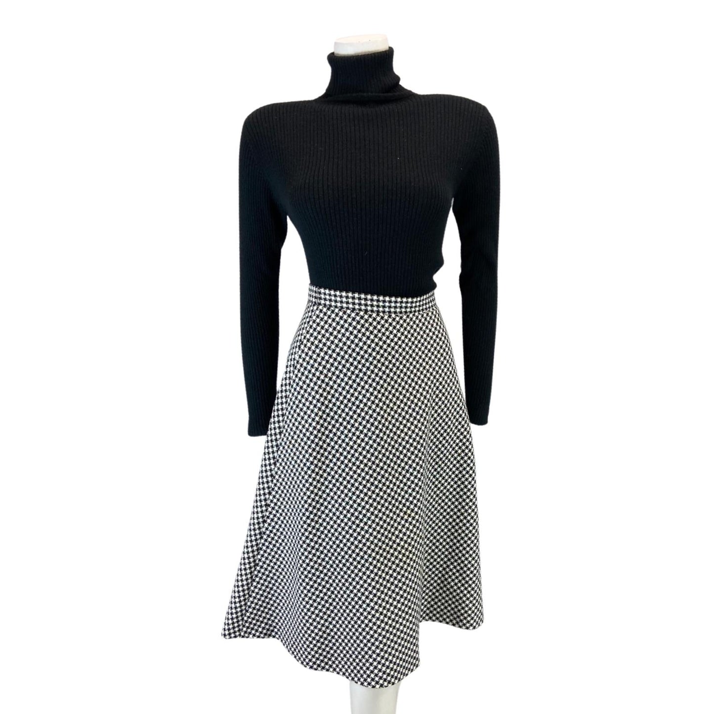 VINTAGE 70s BLACK WHITE DOG TOOTH SWING MIDI SKIRT 8 10 S