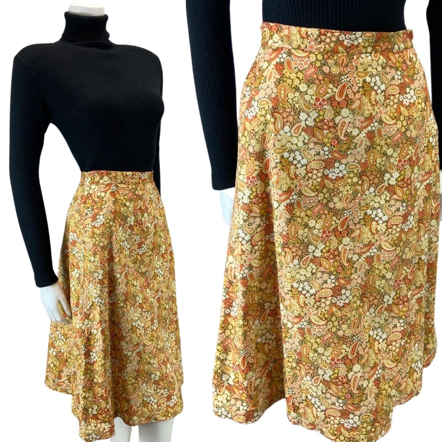 VINTAGE 70S YELLOW ORANGE BEIEGE PAISLEY FLORAL SWING MIDI SKIRT 8 10 S