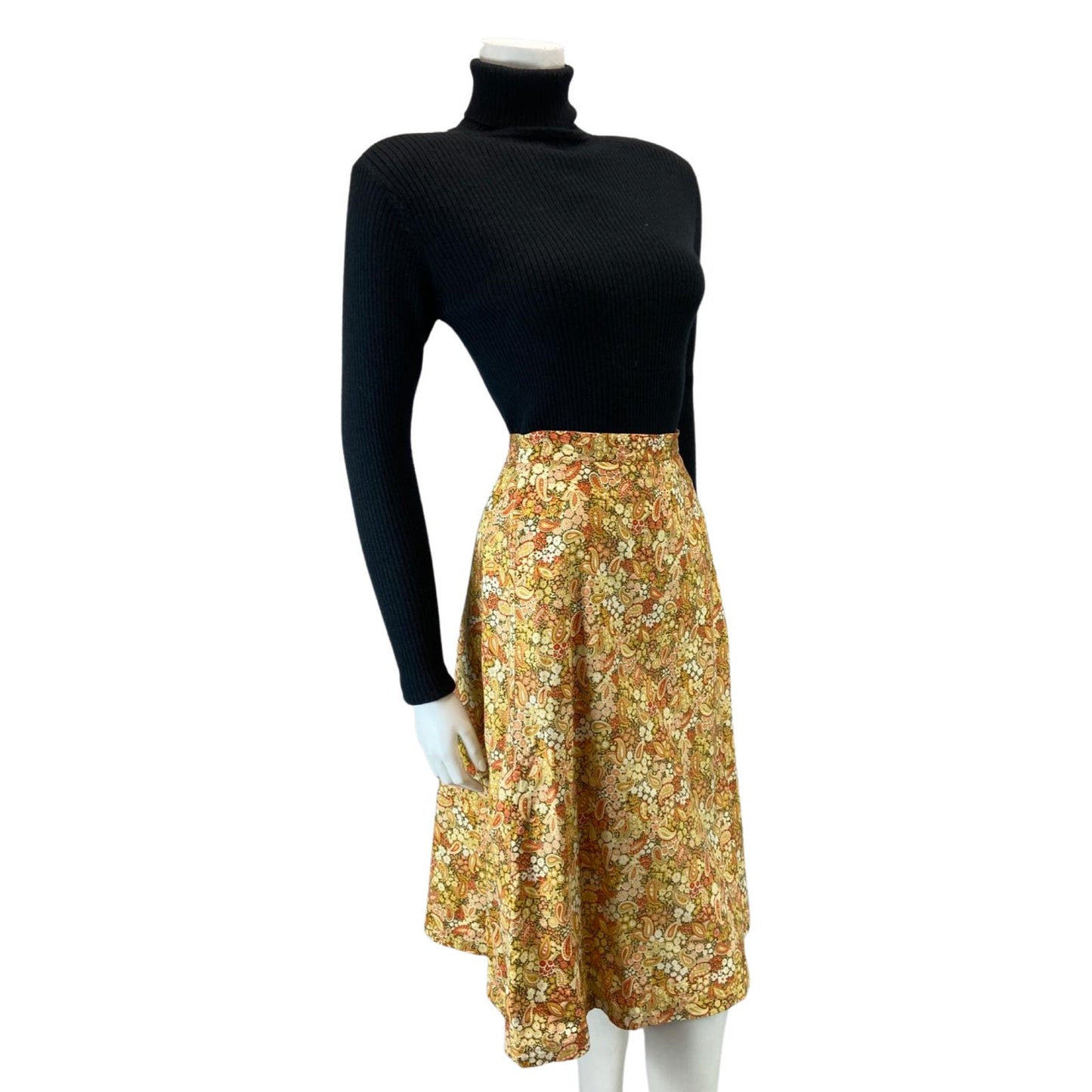 VINTAGE 70S YELLOW ORANGE BEIEGE PAISLEY FLORAL SWING MIDI SKIRT 8 10 S