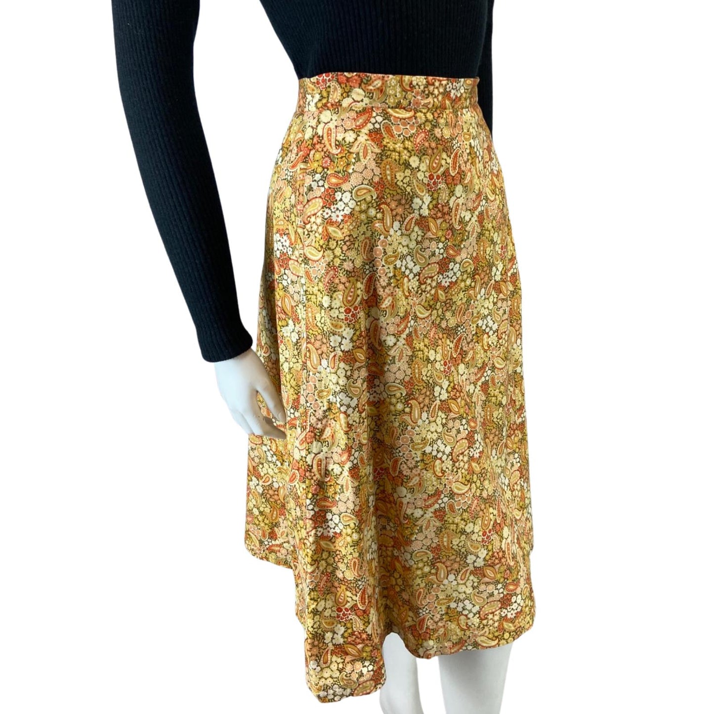 VINTAGE 70S YELLOW ORANGE BEIEGE PAISLEY FLORAL SWING MIDI SKIRT 8 10 S